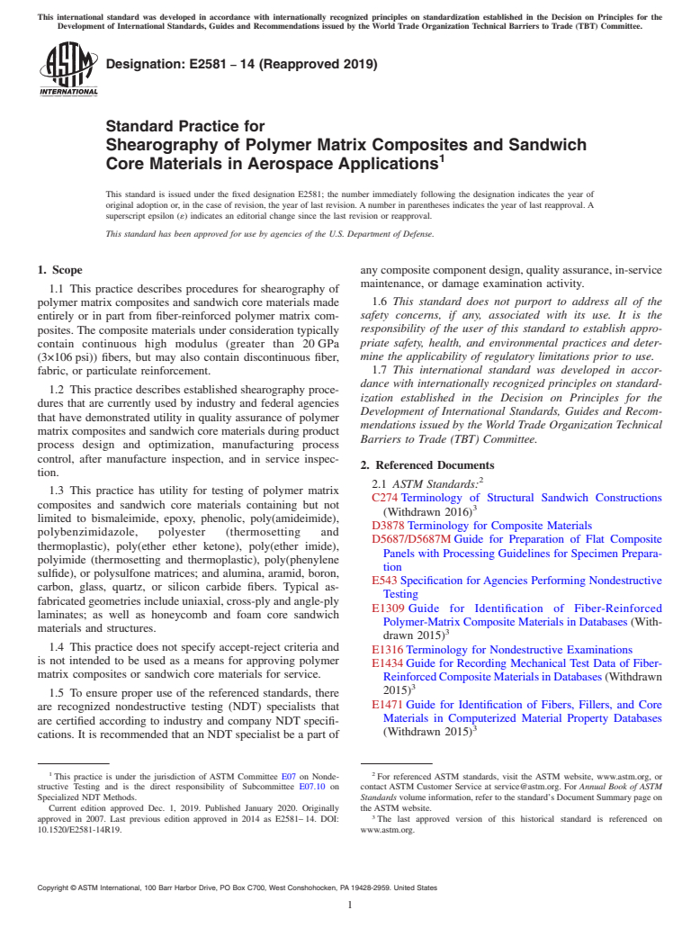 ASTM E2581-14(2019) - Standard Practice for  Shearography of Polymer Matrix Composites and Sandwich Core  Materials in Aerospace Applications