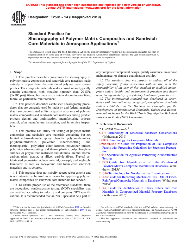 ASTM E2581-14(2019) - Standard Practice for  Shearography of Polymer Matrix Composites and Sandwich Core  Materials in Aerospace Applications