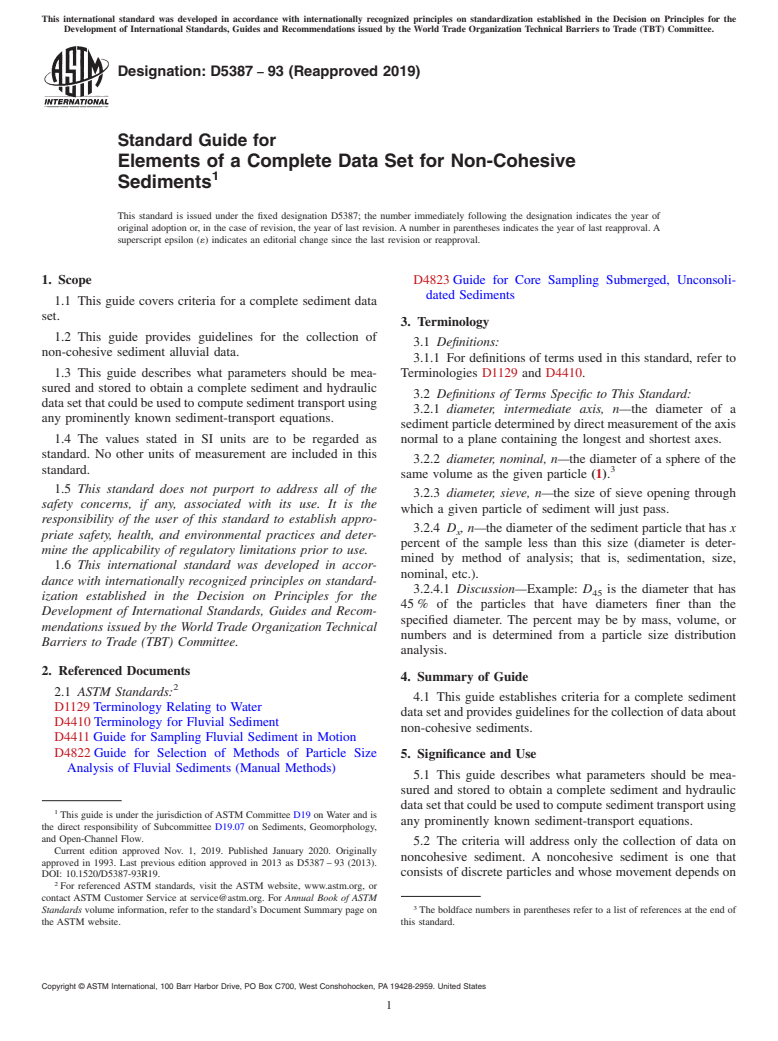 ASTM D5387-93(2019) - Standard Guide for  Elements of a Complete Data Set for Non-Cohesive Sediments