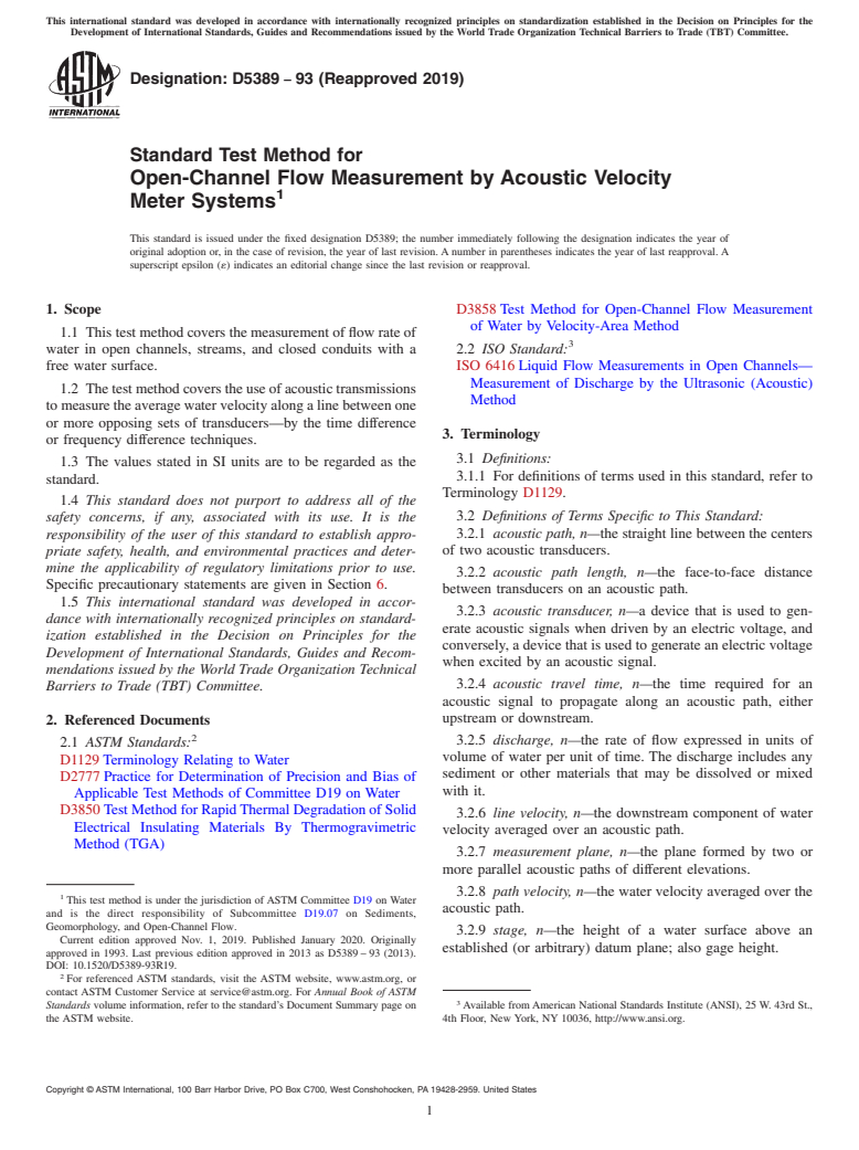 ASTM D5389-93(2019) - Standard Test Method for  Open-Channel Flow Measurement by Acoustic Velocity Meter Systems