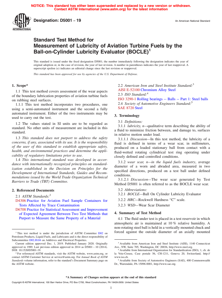 ASTM D5001-19 - Standard Test Method for  Measurement of Lubricity of Aviation Turbine Fuels by the Ball-on-Cylinder   Lubricity Evaluator (BOCLE)