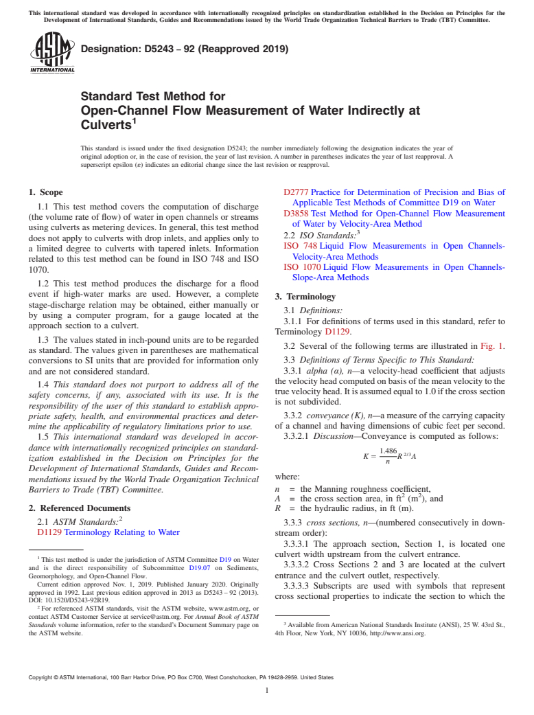 ASTM D5243-92(2019) - Standard Test Method for Open-Channel Flow Measurement of Water Indirectly at Culverts