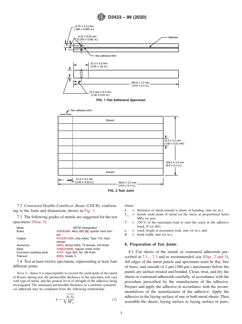 ASTM D3433-99(2020) - Standard Test Method for Fracture Strength in Cleavage of Adhesives in Bonded Metal  Joints