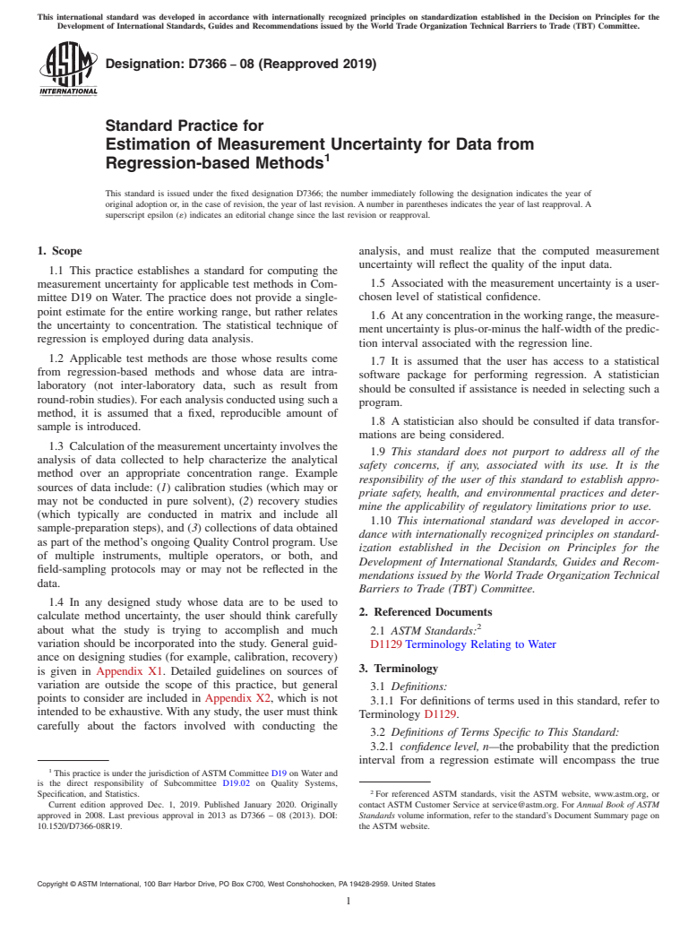 ASTM D7366-08(2019) - Standard Practice for  Estimation of Measurement Uncertainty for Data from Regression-based  Methods