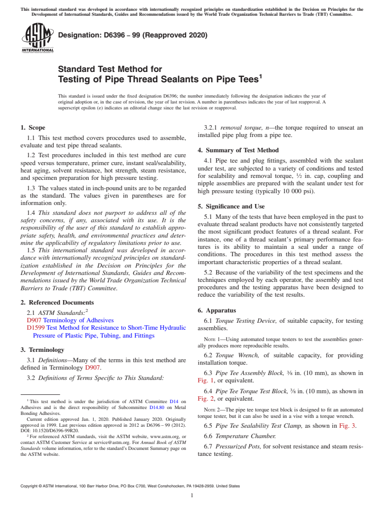 ASTM D6396-99(2020) - Standard Test Method for  Testing of Pipe Thread Sealants on Pipe Tees