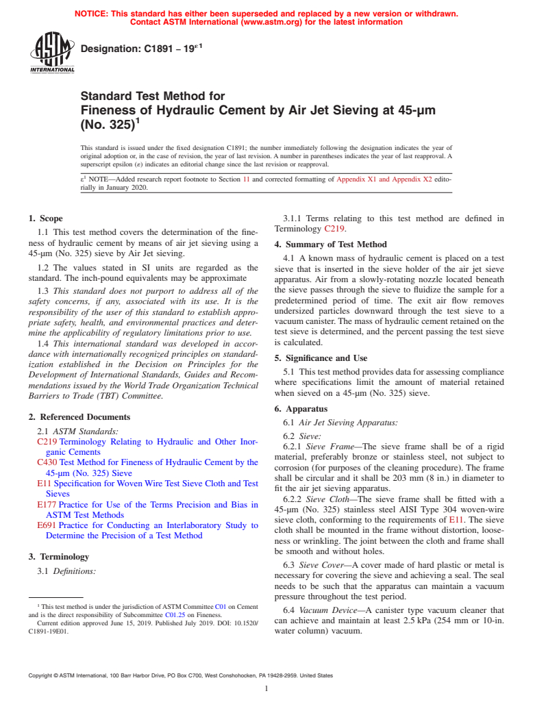 ASTM C1891-19e1 - Standard Test Method for  Fineness of Hydraulic Cement by Air Jet Sieving at 45-&#xb5;m  (No. 325)