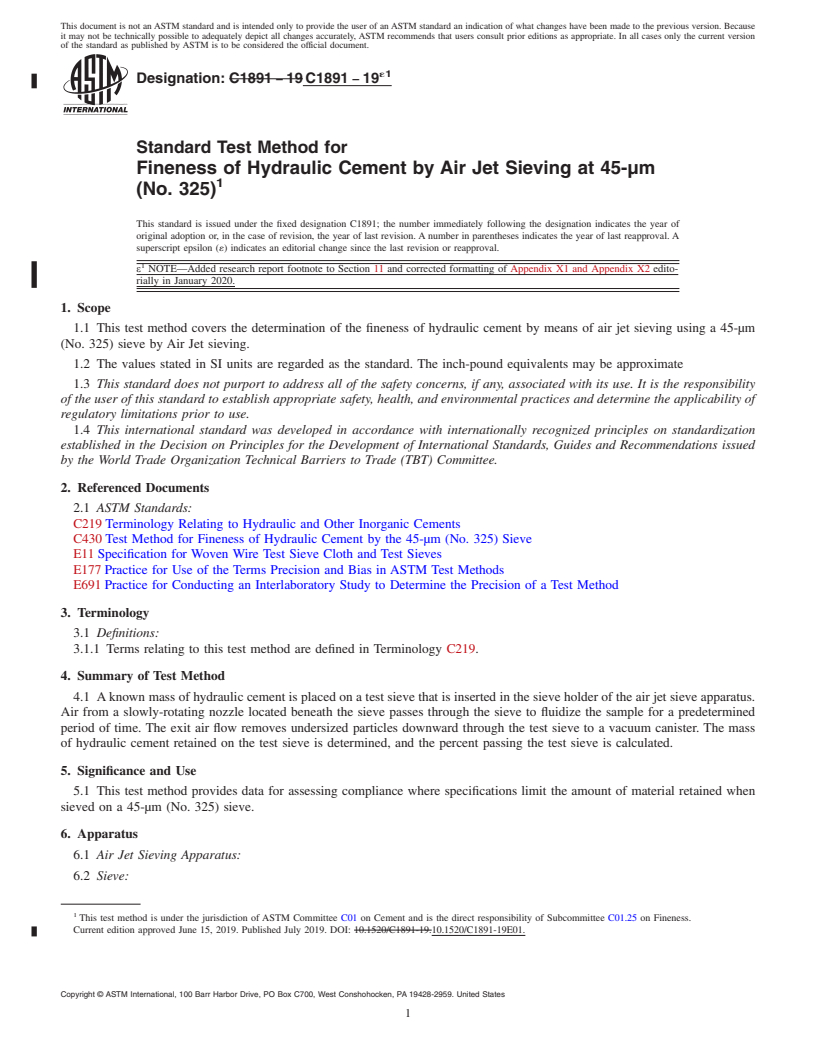 REDLINE ASTM C1891-19e1 - Standard Test Method for  Fineness of Hydraulic Cement by Air Jet Sieving at 45-&#xb5;m  (No. 325)