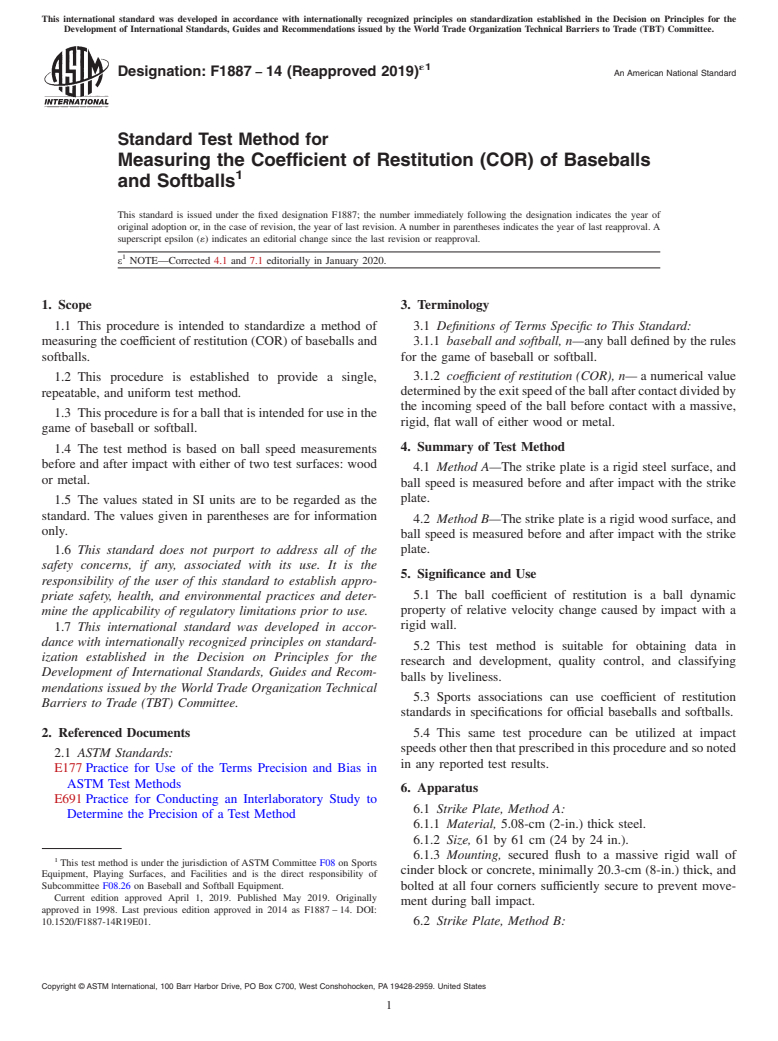 ASTM F1887-14(2019)e1 - Standard Test Method for  Measuring the Coefficient of Restitution (COR) of Baseballs  and Softballs