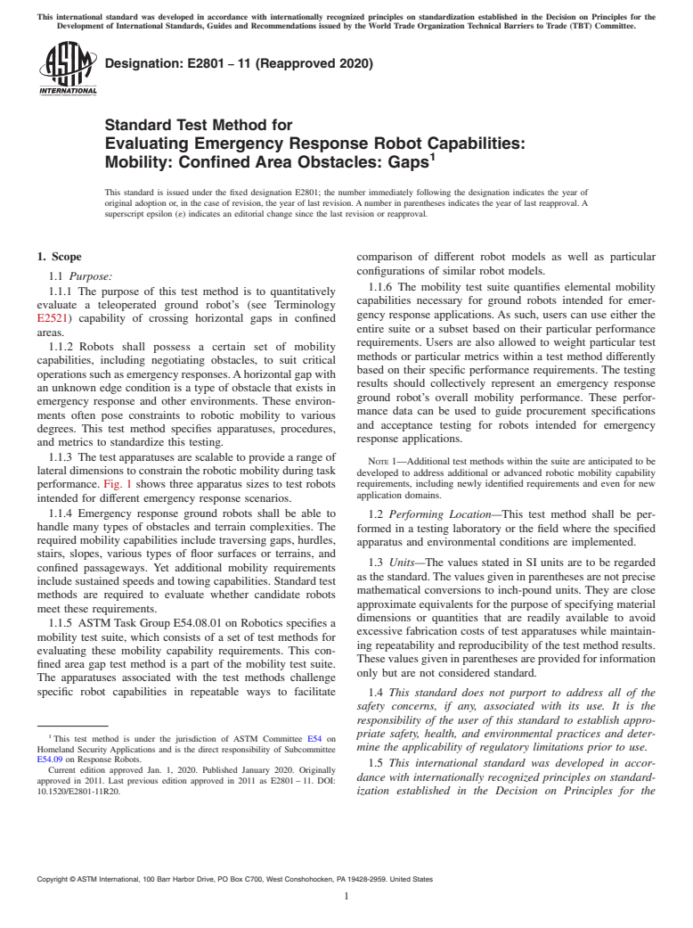 ASTM E2801-11(2020) - Standard Test Method for  Evaluating Emergency Response Robot Capabilities: Mobility:  Confined Area Obstacles: Gaps