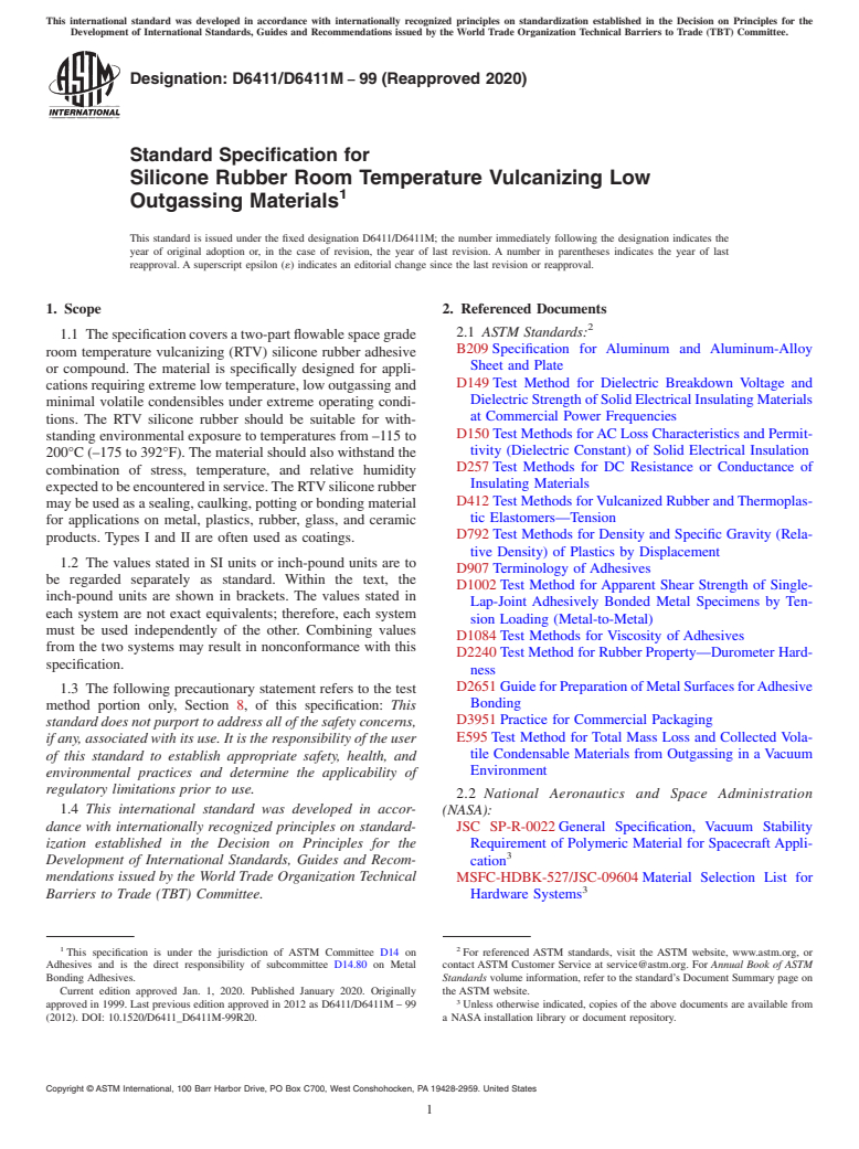 ASTM D6411/D6411M-99(2020) - Standard Specification for Silicone Rubber Room Temperature Vulcanizing Low Outgassing  Materials