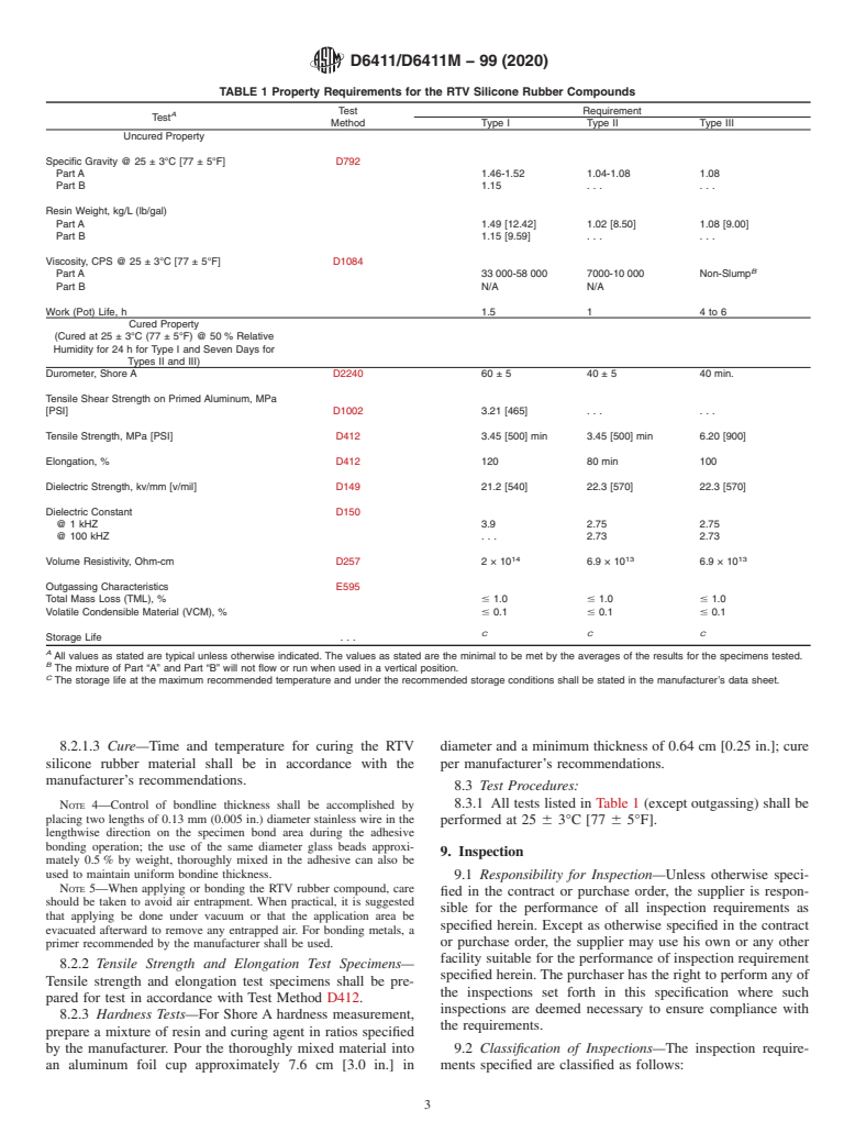 ASTM D6411/D6411M-99(2020) - Standard Specification for Silicone Rubber Room Temperature Vulcanizing Low Outgassing  Materials