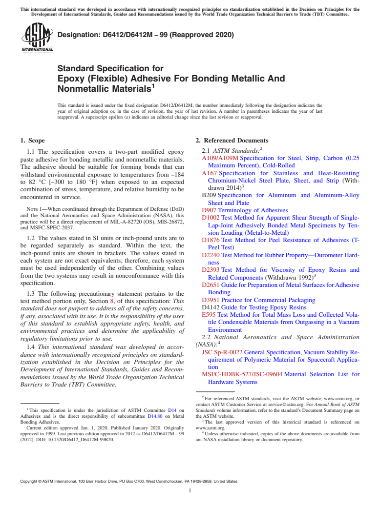 ASTM D6412/D6412M-99(2020) - Standard Specification for Epoxy (Flexible) Adhesive For Bonding Metallic And Nonmetallic  Materials