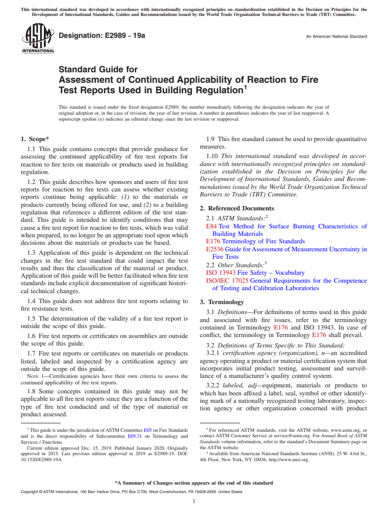 ASTM E2989-19a - Standard Guide for Assessment of Continued Applicability of Reaction to Fire Test  Reports Used in Building Regulation
