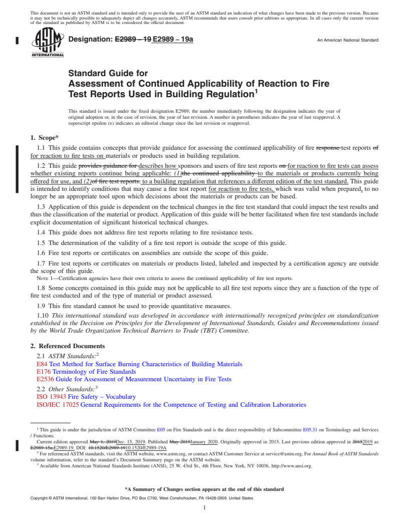 REDLINE ASTM E2989-19a - Standard Guide for Assessment of Continued Applicability of Reaction to Fire Test  Reports Used in Building Regulation
