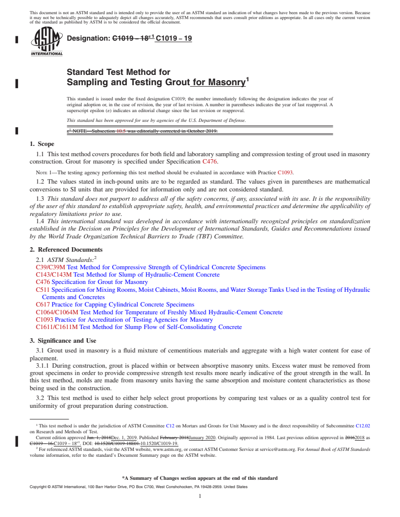 REDLINE ASTM C1019-19 - Standard Test Method for Sampling and Testing Grout for Masonry