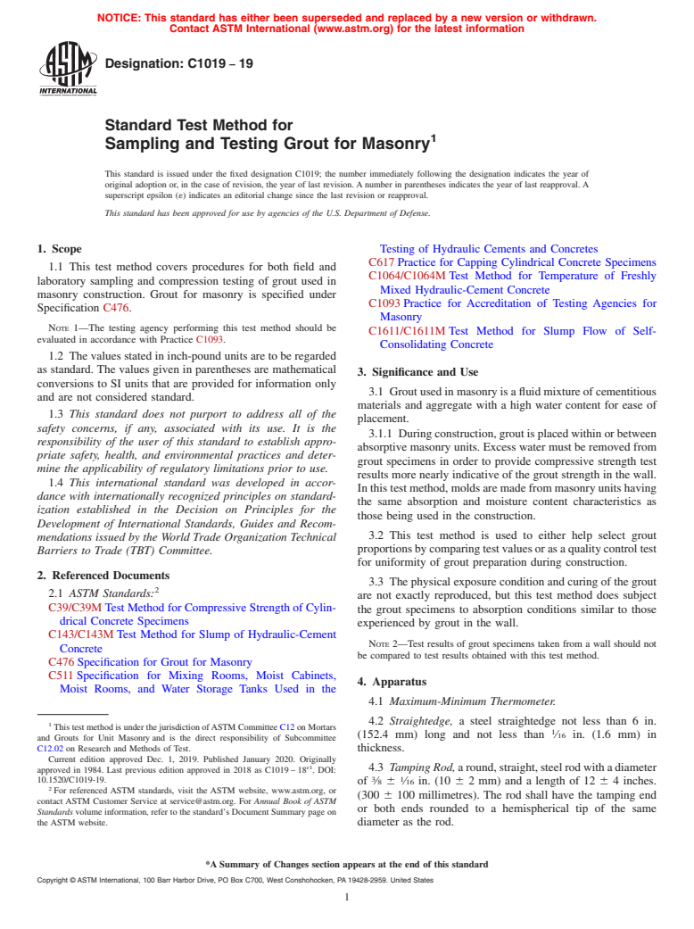 ASTM C1019-19 - Standard Test Method for Sampling and Testing Grout for Masonry