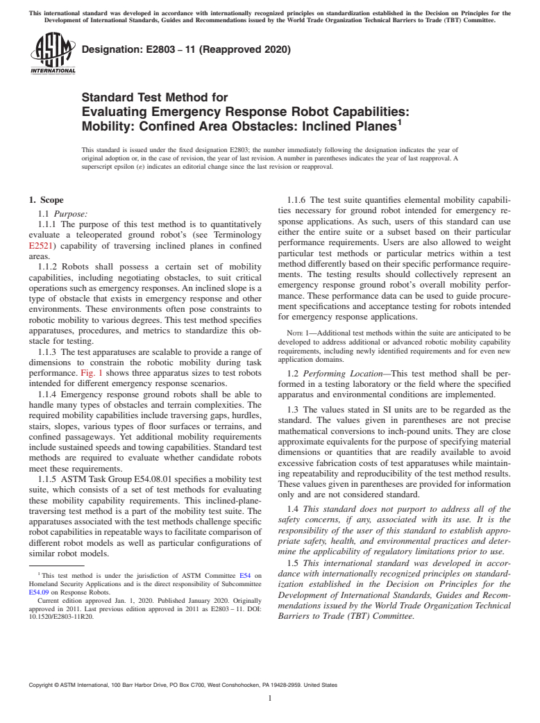 ASTM E2803-11(2020) - Standard Test Method for  Evaluating Emergency Response Robot Capabilities: Mobility:  Confined Area Obstacles: Inclined Planes