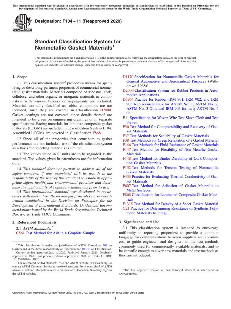 ASTM F104-11(2020) - Standard Classification System for  Nonmetallic Gasket Materials