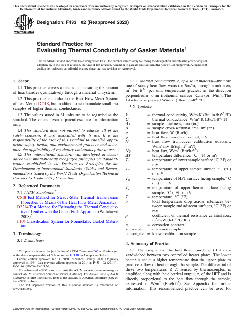 ASTM F433-02(2020) - Standard Practice for Evaluating Thermal Conductivity of Gasket Materials