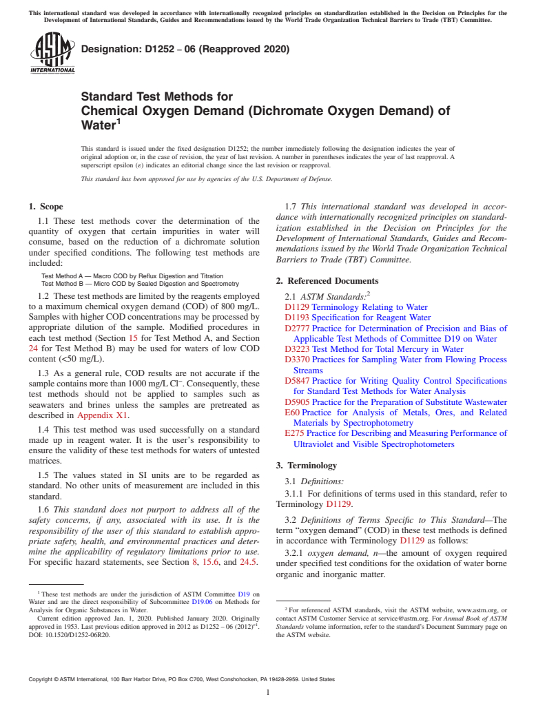 ASTM D1252-06(2020) - Standard Test Methods for  Chemical Oxygen Demand (Dichromate Oxygen Demand) of Water