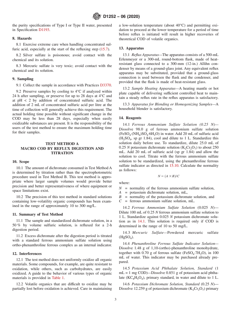 ASTM D1252-06(2020) - Standard Test Methods for  Chemical Oxygen Demand (Dichromate Oxygen Demand) of Water