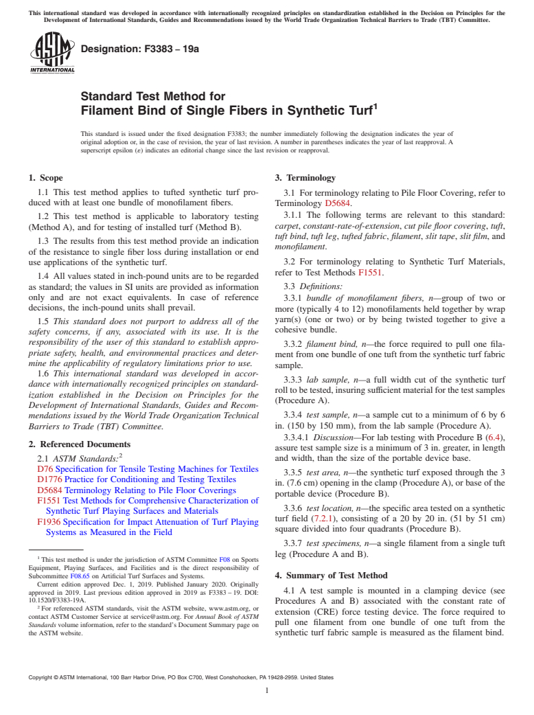 ASTM F3383-19a - Standard Test Method for Filament Bind of Single Fibers in Synthetic Turf