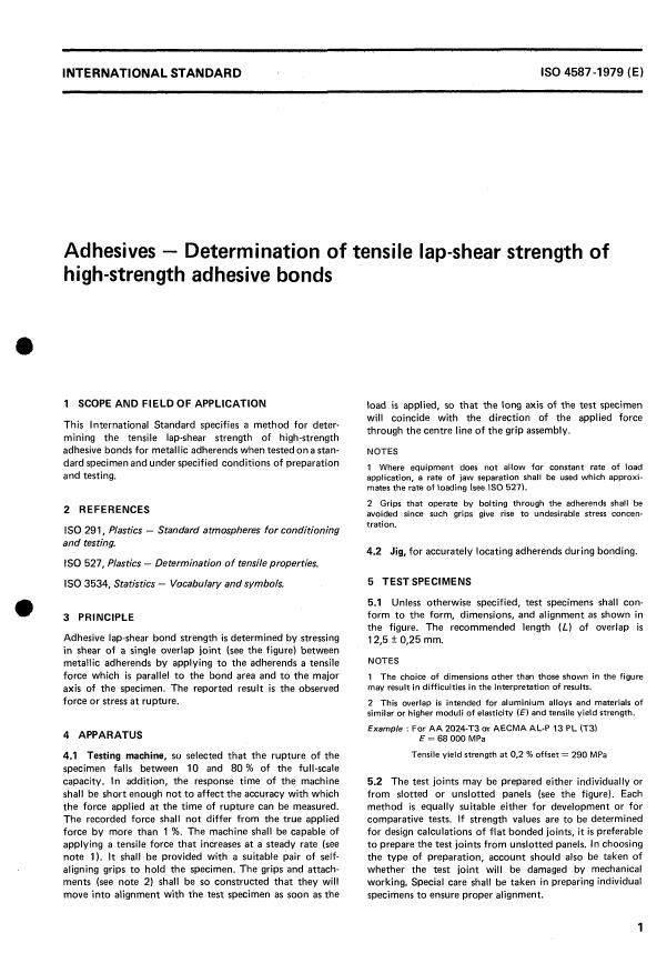 ISO 4587:1979 - Adhesives -- Determination of tensile lap-shear strength of high strength adhesive bonds