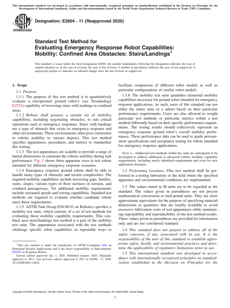 ASTM E2804-11(2020) - Standard Test Method for  Evaluating Emergency Response Robot Capabilities: Mobility:  Confined Area Obstacles: Stairs/Landings