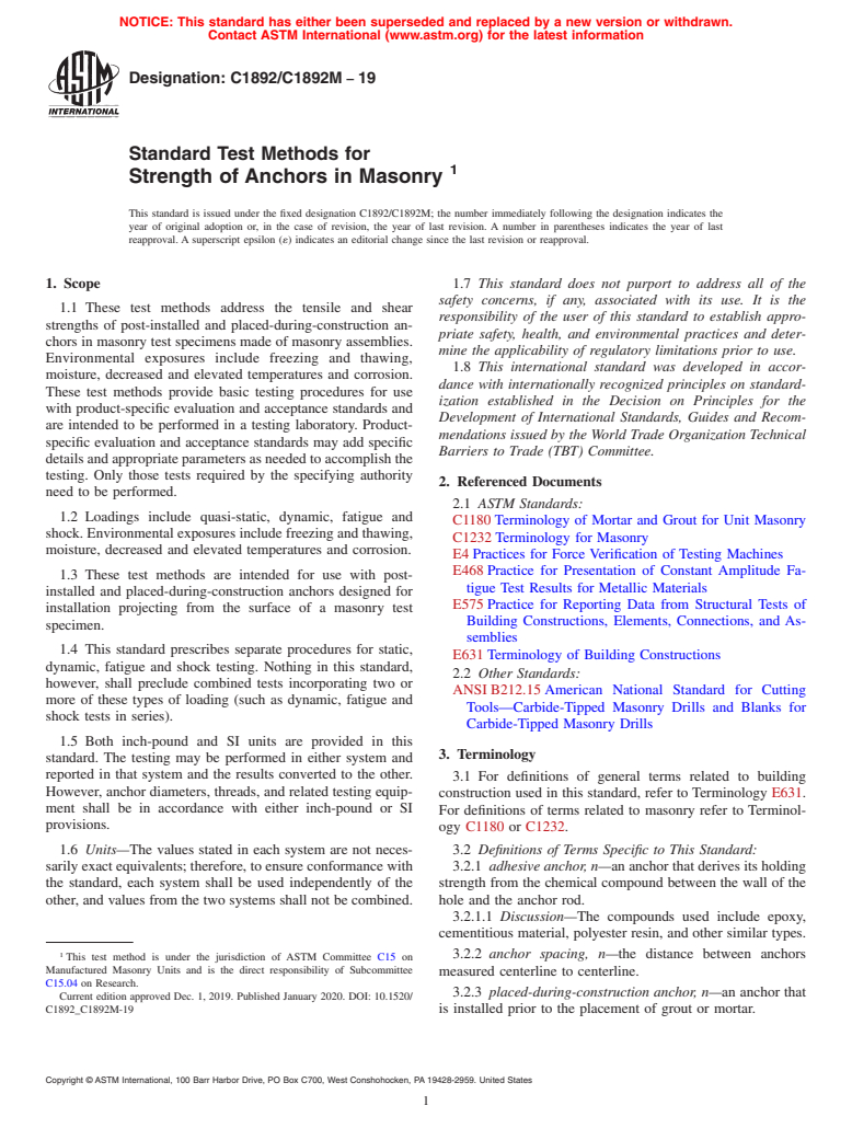 ASTM C1892/C1892M-19 - Standard Test Methods for Strength of Anchors in Masonry