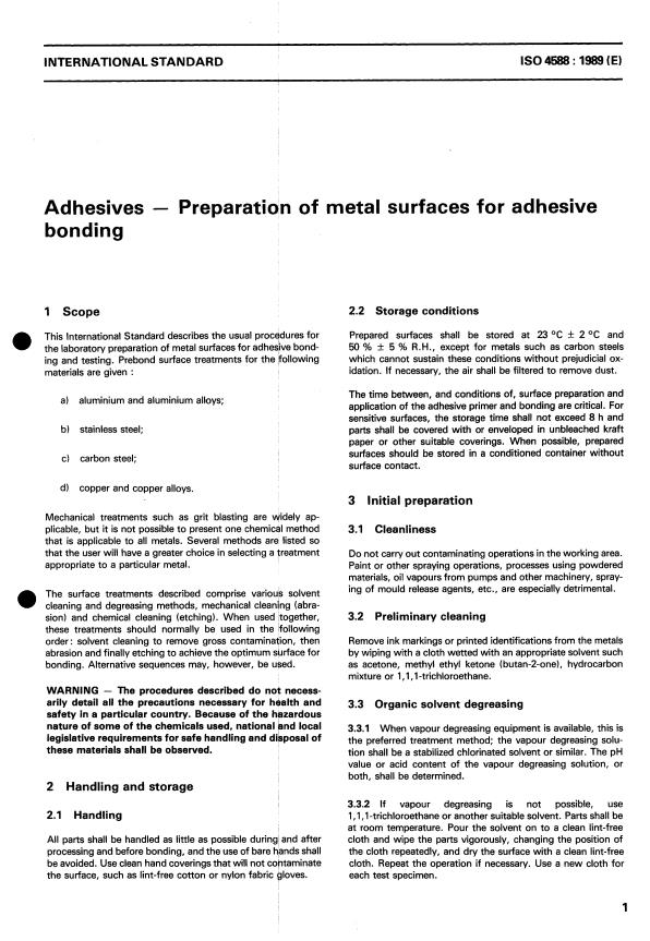 ISO 4588:1989 - Adhesives -- Preparation of metal surfaces for adhesive bonding