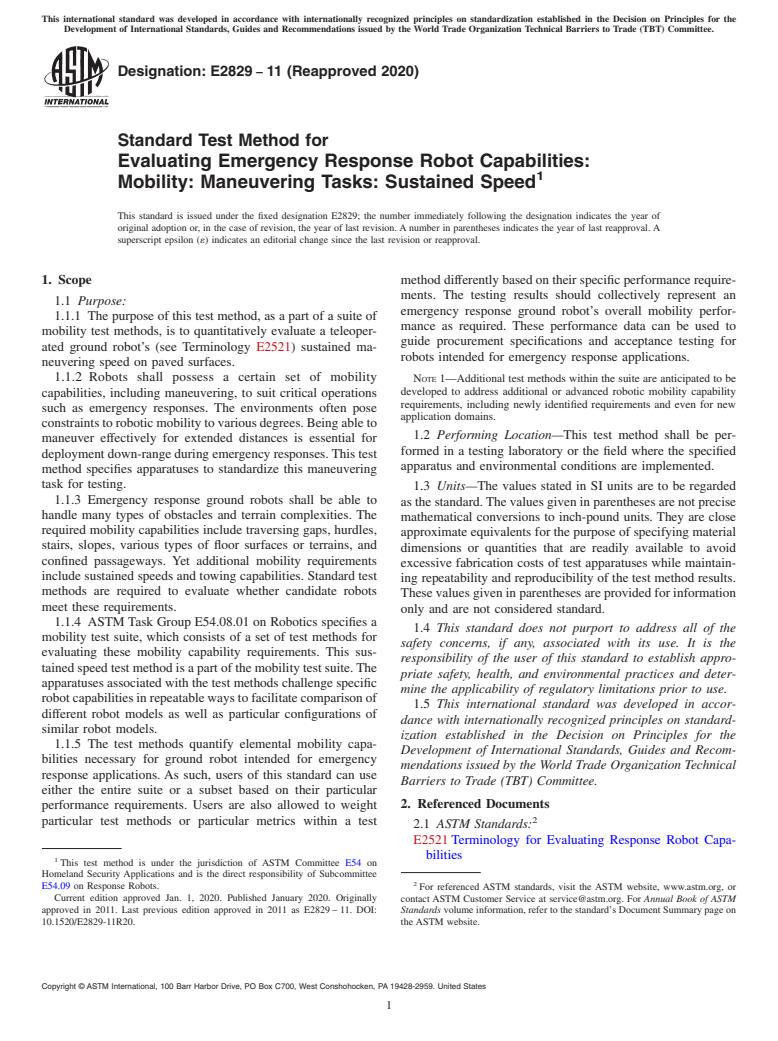 ASTM E2829-11(2020) - Standard Test Method for  Evaluating Emergency Response Robot Capabilities: Mobility:  Maneuvering Tasks: Sustained Speed