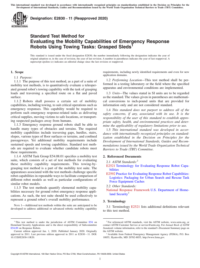 ASTM E2830-11(2020) - Standard Test Method for  Evaluating the Mobility Capabilities of Emergency Response  Robots Using Towing Tasks: Grasped Sleds