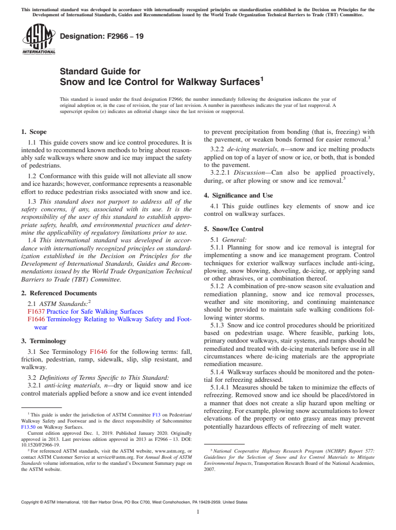 ASTM F2966-19 - Standard Guide for Snow and Ice Control for Walkway Surfaces