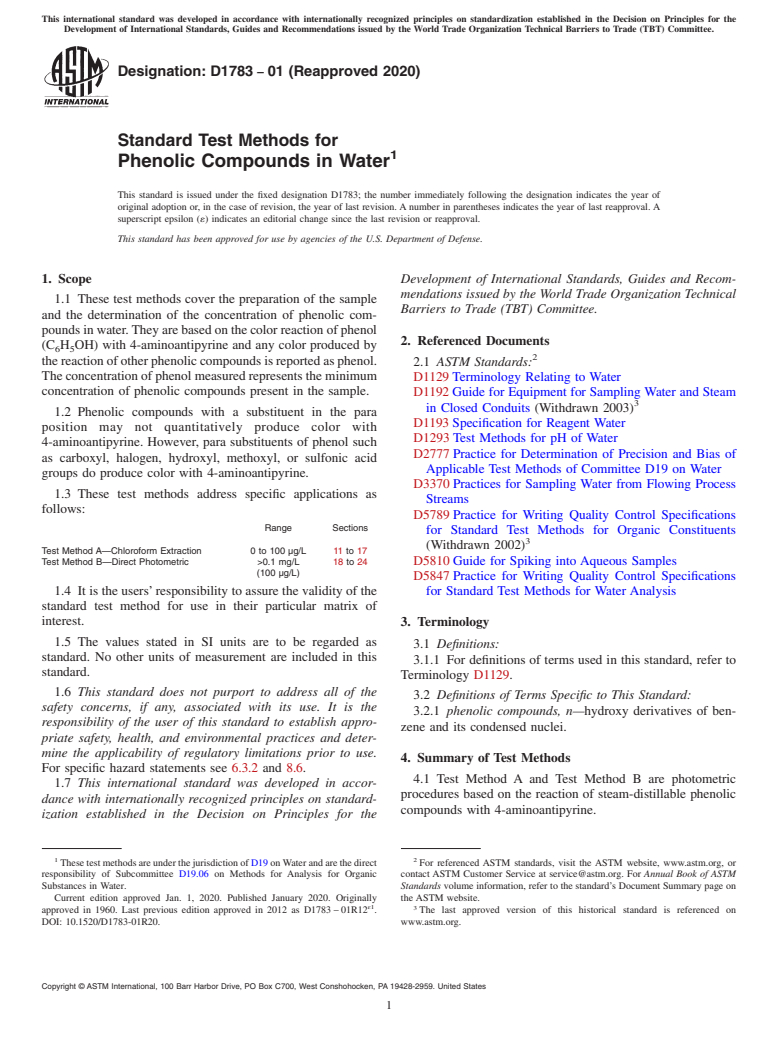 ASTM D1783-01(2020) - Standard Test Methods for  Phenolic Compounds in Water