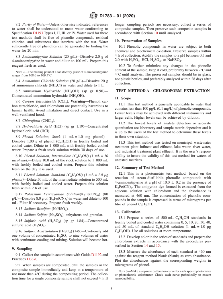 ASTM D1783-01(2020) - Standard Test Methods for  Phenolic Compounds in Water