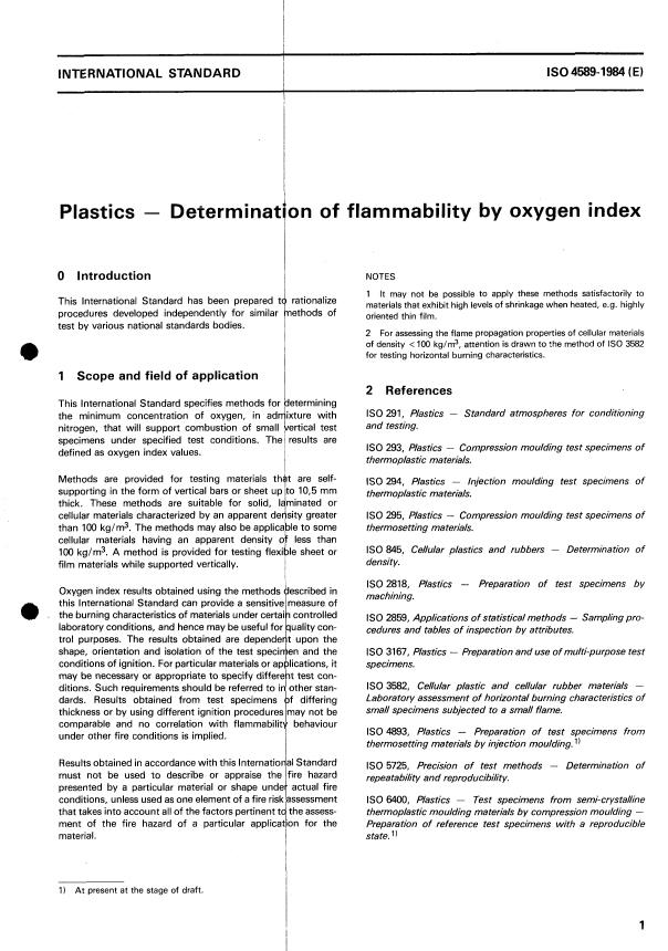 ISO 4589:1984 - Plastics -- Determination of flammability by oxygen index