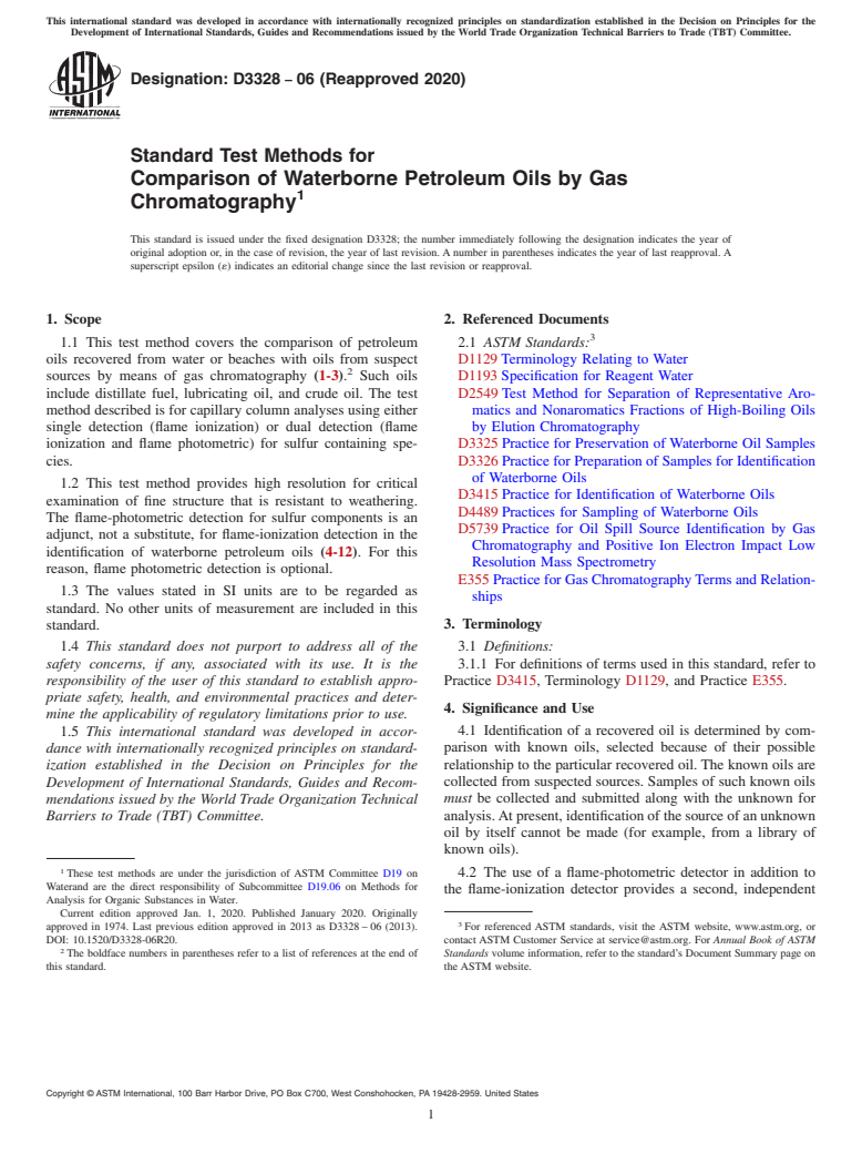 ASTM D3328-06(2020) - Standard Test Methods for  Comparison of Waterborne Petroleum Oils by Gas Chromatography