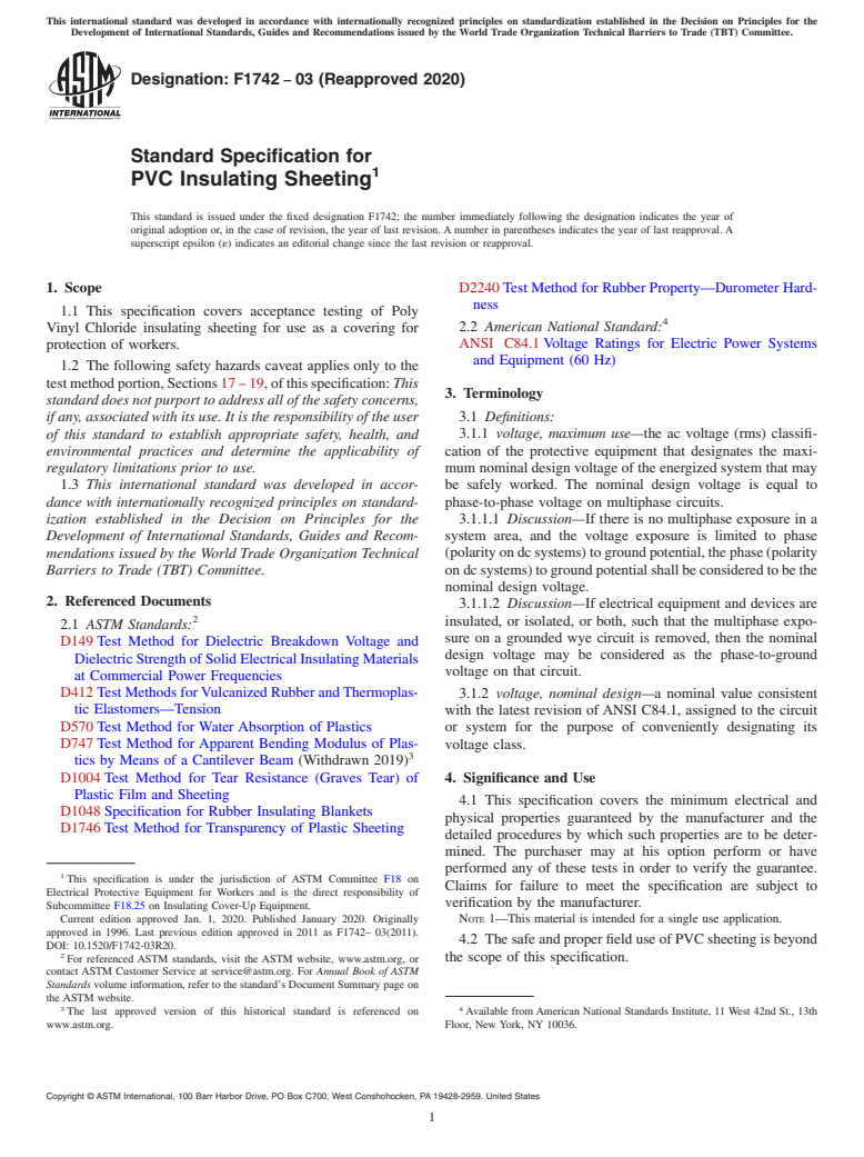 ASTM F1742-03(2020) - Standard Specification for  PVC Insulating Sheeting