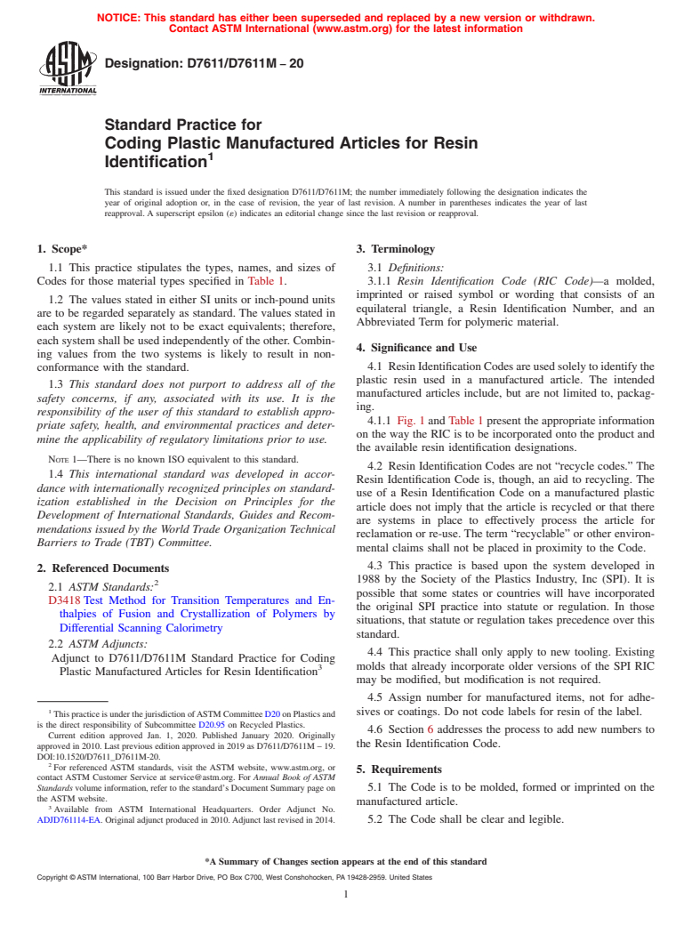 ASTM D7611/D7611M-20 - Standard Practice for Coding Plastic Manufactured Articles for Resin Identification