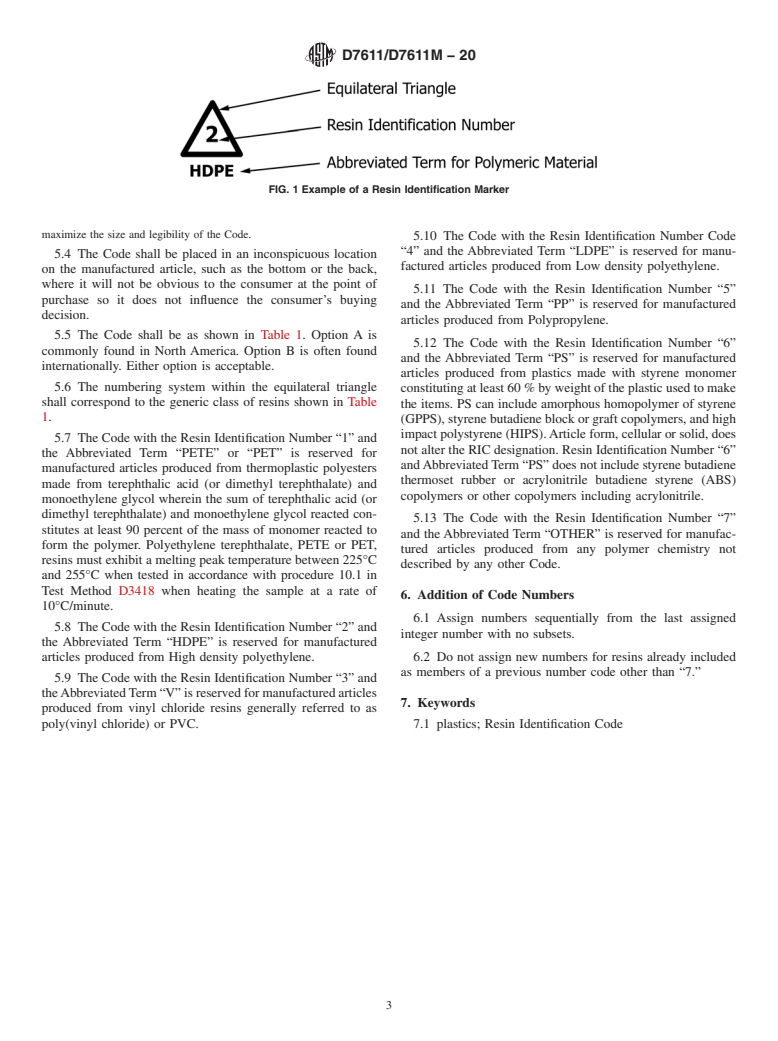 ASTM D7611/D7611M-20 - Standard Practice for Coding Plastic Manufactured Articles for Resin Identification