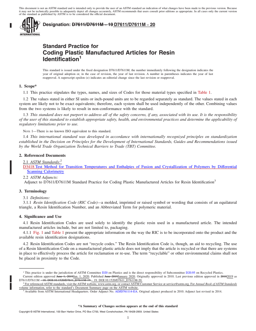 REDLINE ASTM D7611/D7611M-20 - Standard Practice for Coding Plastic Manufactured Articles for Resin Identification