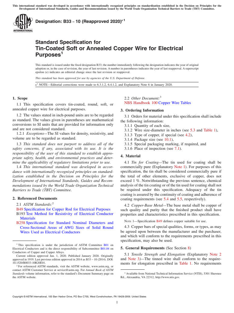 ASTM B33-10(2020)e1 - Standard Specification for Tin-Coated Soft or Annealed Copper Wire for Electrical Purposes