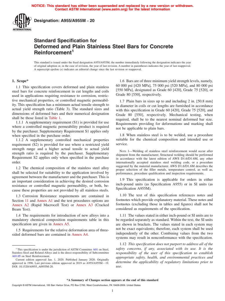 ASTM A955/A955M-20 - Standard Specification for  Deformed and Plain Stainless Steel Bars for Concrete Reinforcement