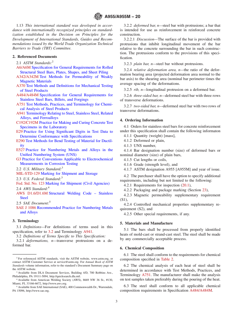 ASTM A955/A955M-20 - Standard Specification for  Deformed and Plain Stainless Steel Bars for Concrete Reinforcement