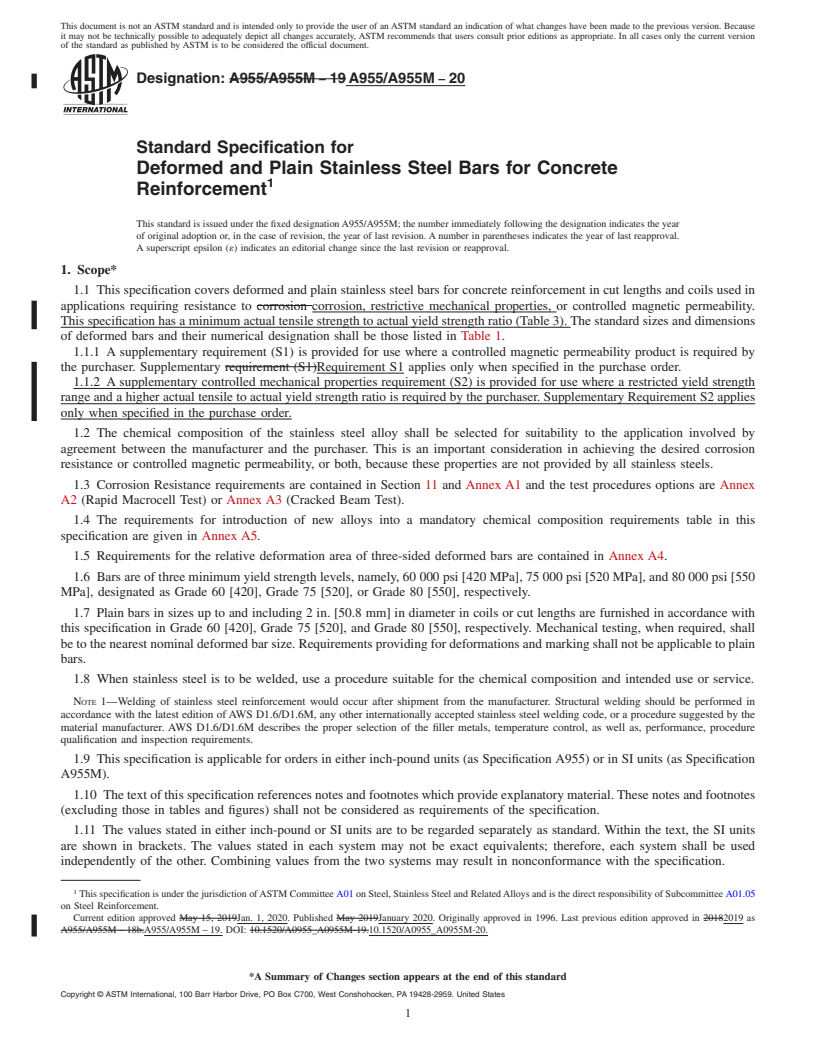 REDLINE ASTM A955/A955M-20 - Standard Specification for  Deformed and Plain Stainless Steel Bars for Concrete Reinforcement