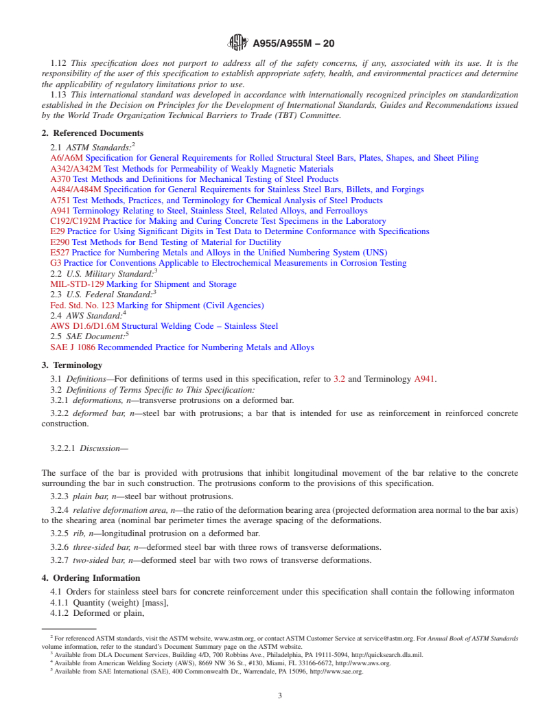 REDLINE ASTM A955/A955M-20 - Standard Specification for  Deformed and Plain Stainless Steel Bars for Concrete Reinforcement