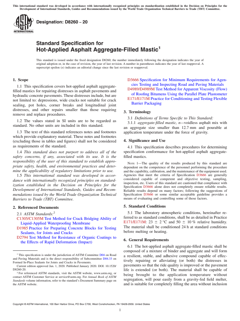 ASTM D8260-20 - Standard Specification for Hot-Applied Asphalt Aggregate-Filled Mastic