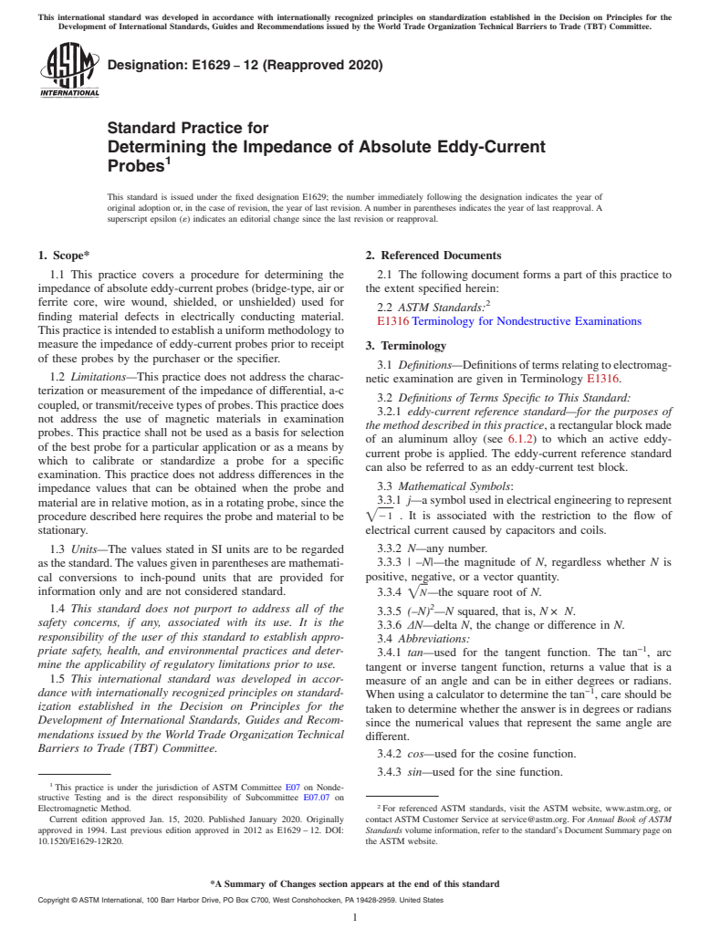 ASTM E1629-12(2020) - Standard Practice for  Determining the Impedance of Absolute Eddy-Current Probes