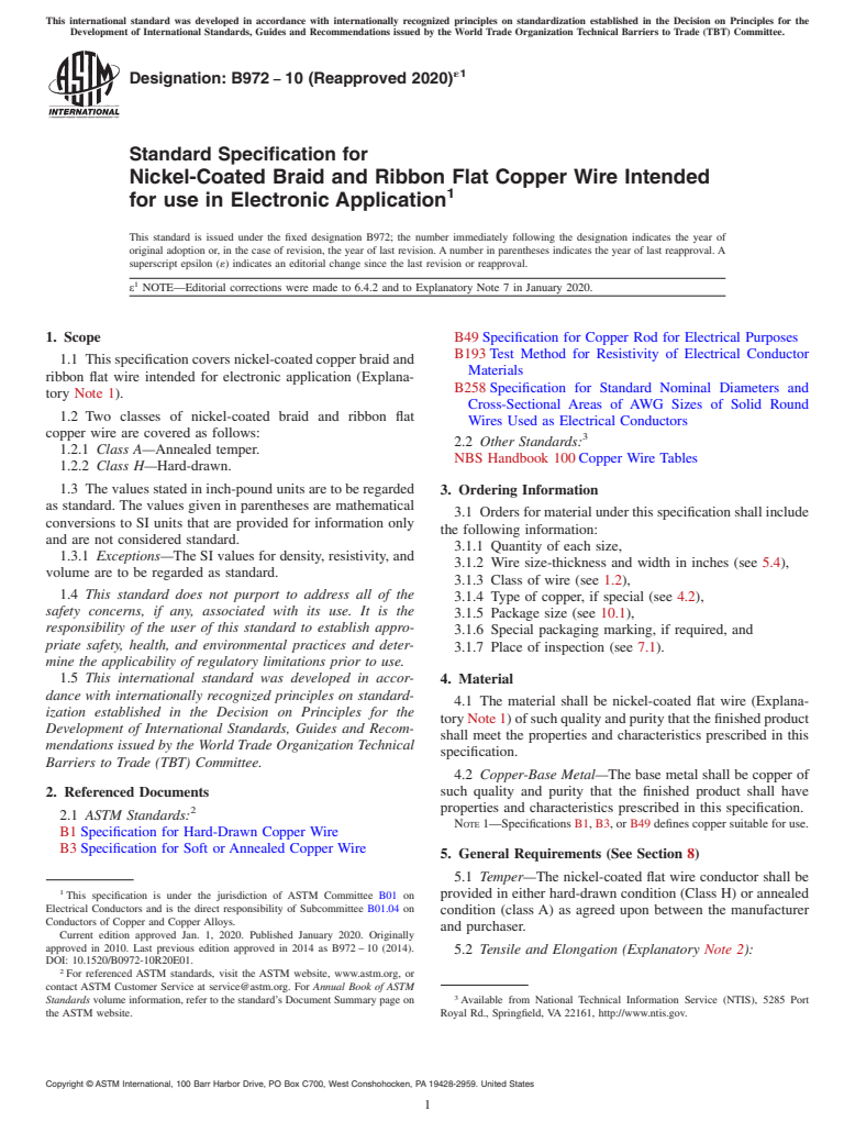 ASTM B972-10(2020)e1 - Standard Specification for Nickel-Coated Braid and Ribbon Flat Copper Wire Intended for   use in Electronic Application