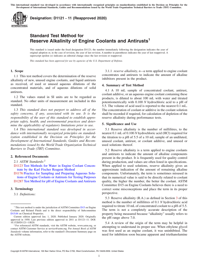 ASTM D1121-11(2020) - Standard Test Method for Reserve Alkalinity of Engine Coolants and Antirusts